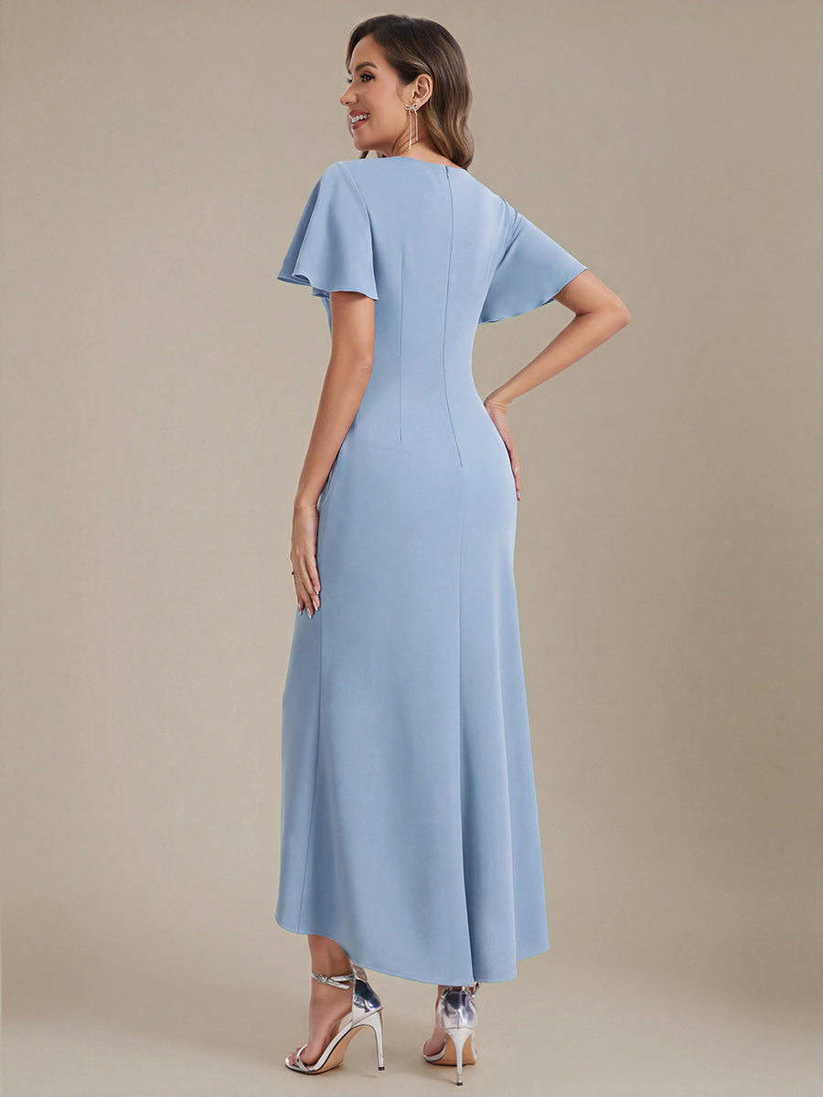 Thigh-High Slit Knit Ruffle Sleeve Wedding Guest Dress