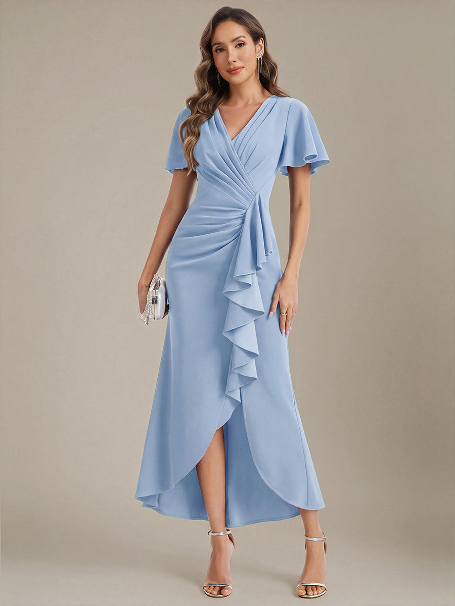 Thigh-High Slit Knit Ruffle Sleeve Wedding Guest Dress