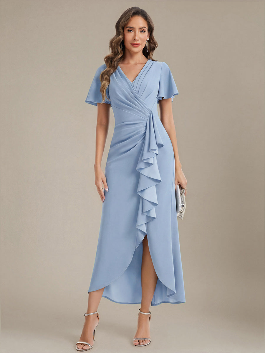 Thigh-High Slit Knit Ruffle Sleeve Wedding Guest Dress