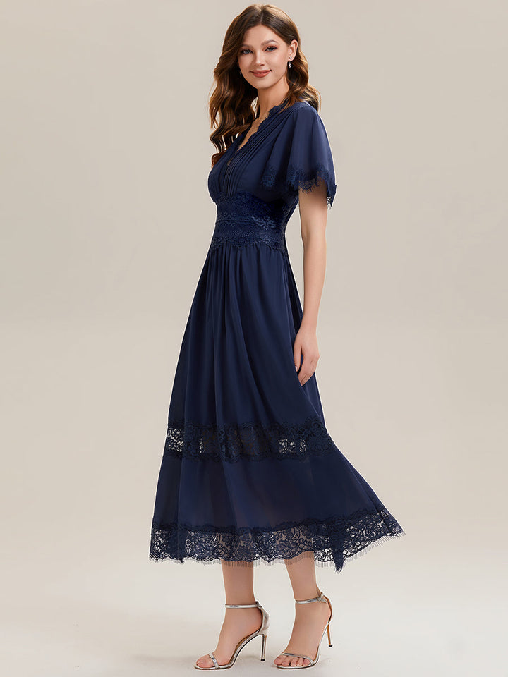 Cut-Out Detail Chiffon Ruffle Sleeve Wedding Guest Dress