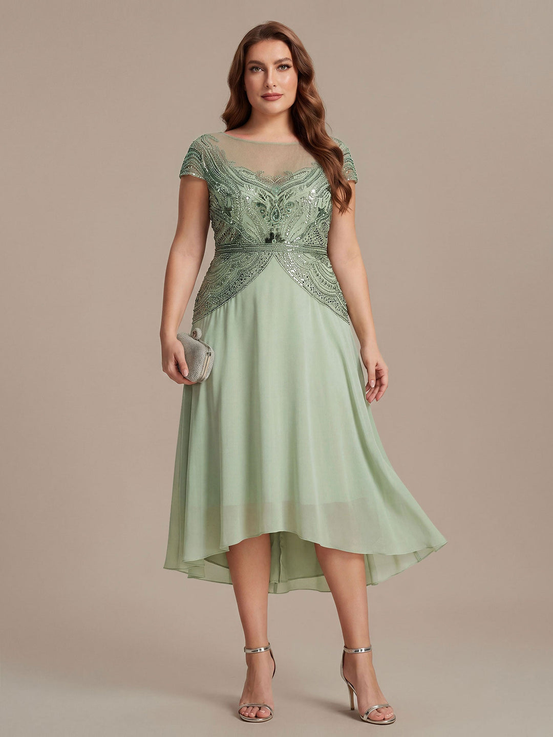 ever NUIT|See-Through Beaded Sheath Round Neck Wedding Guest Dress