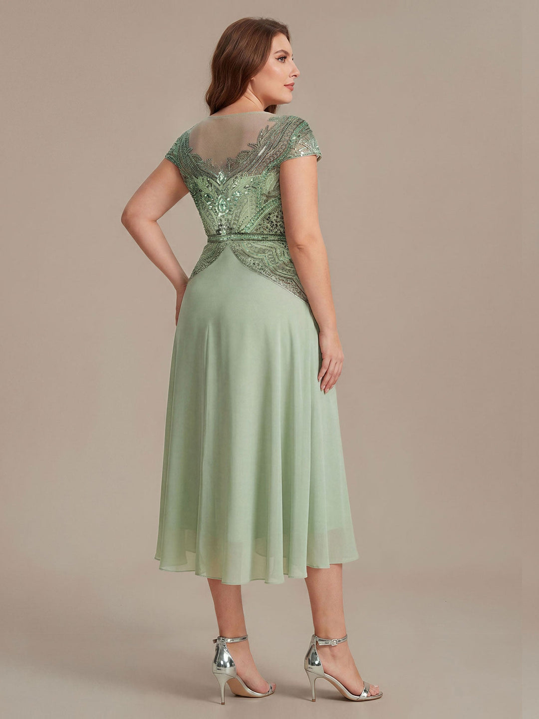 ever NUIT|See-Through Beaded Sheath Round Neck Wedding Guest Dress