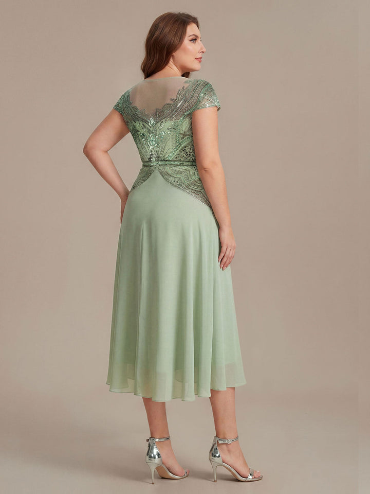 ever NUIT|See-Through Beaded Sheath Round Neck Wedding Guest Dress