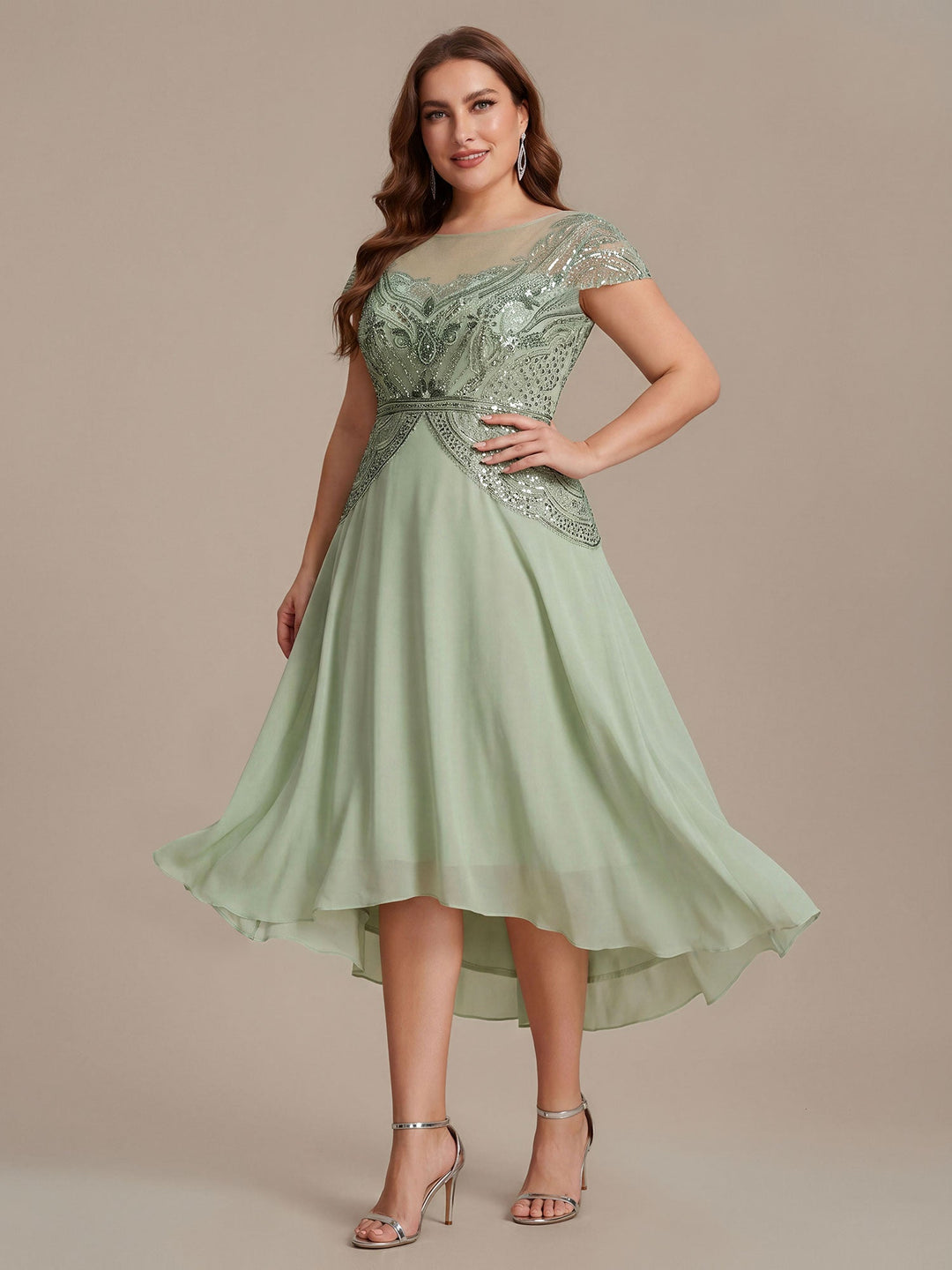 ever NUIT|See-Through Beaded Sheath Round Neck Wedding Guest Dress
