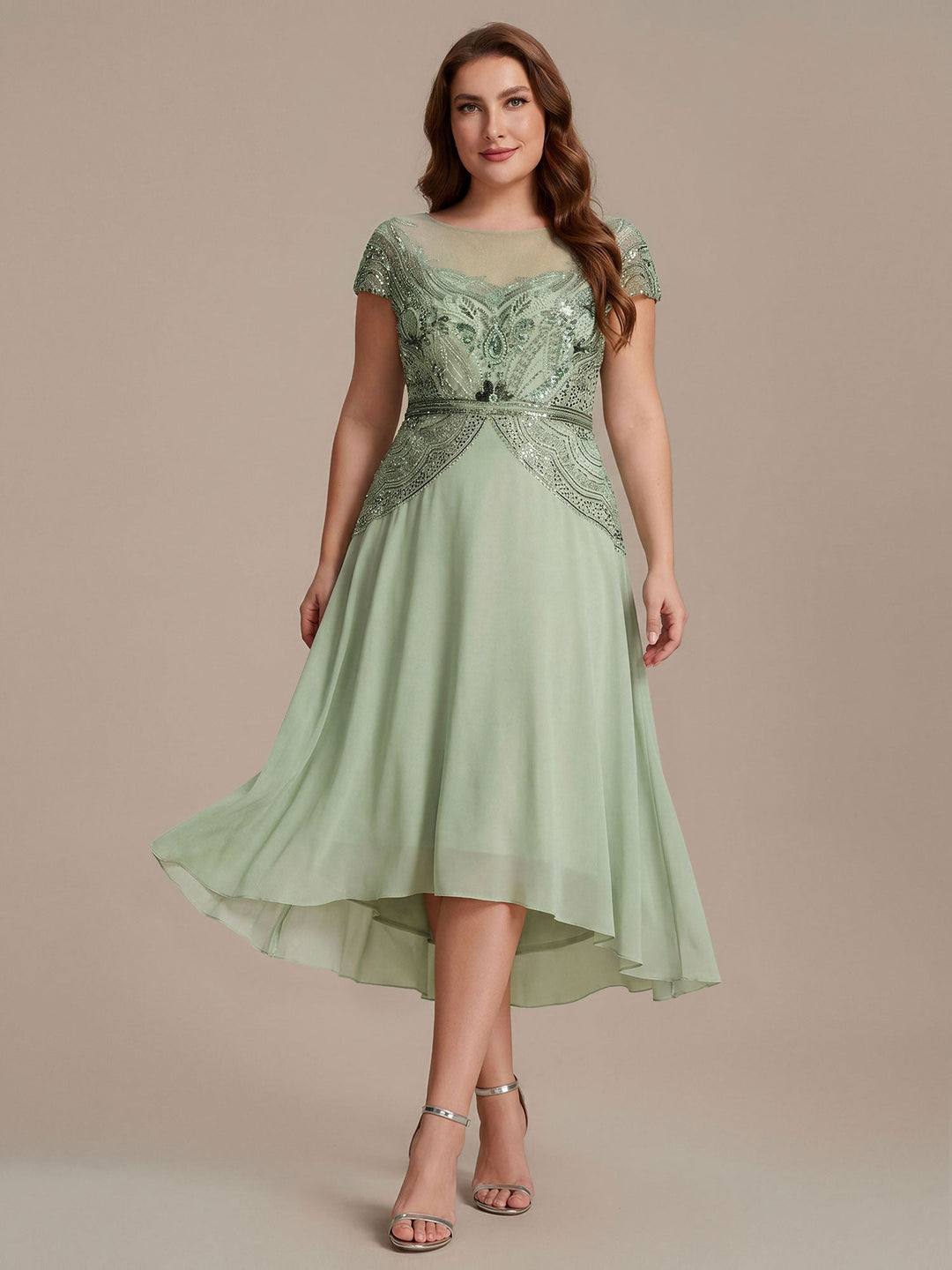 ever NUIT|See-Through Beaded Sheath Round Neck Wedding Guest Dress