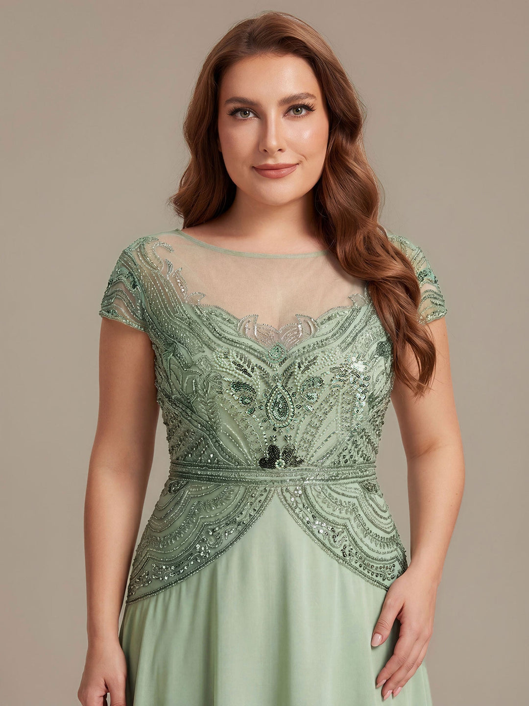 ever NUIT|See-Through Beaded Sheath Round Neck Wedding Guest Dress