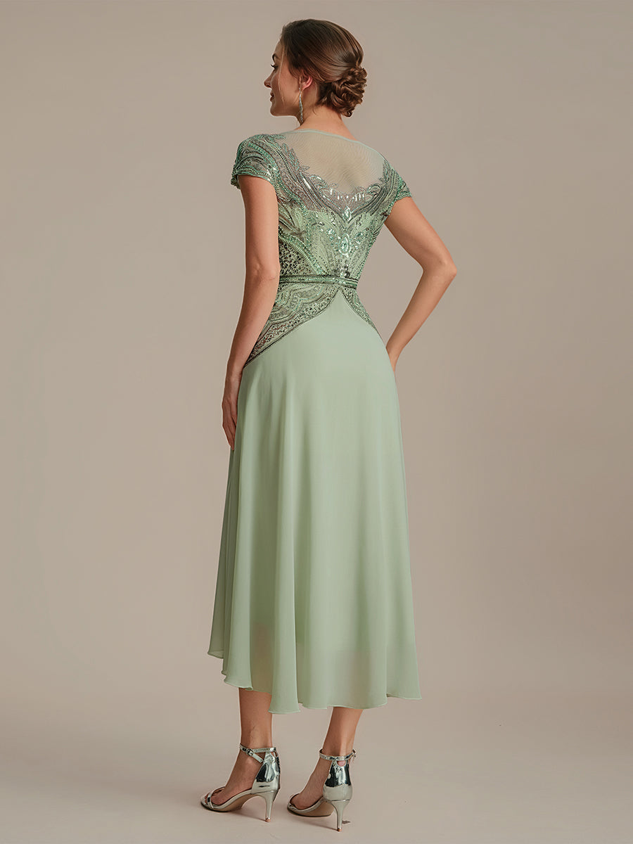 ever NUIT|See-Through Beaded Sheath Round Neck Wedding Guest Dress