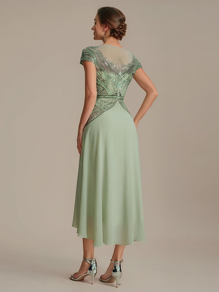 ever NUIT|See-Through Beaded Sheath Round Neck Wedding Guest Dress