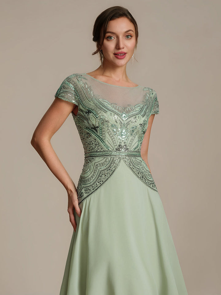 ever NUIT|See-Through Beaded Sheath Round Neck Wedding Guest Dress