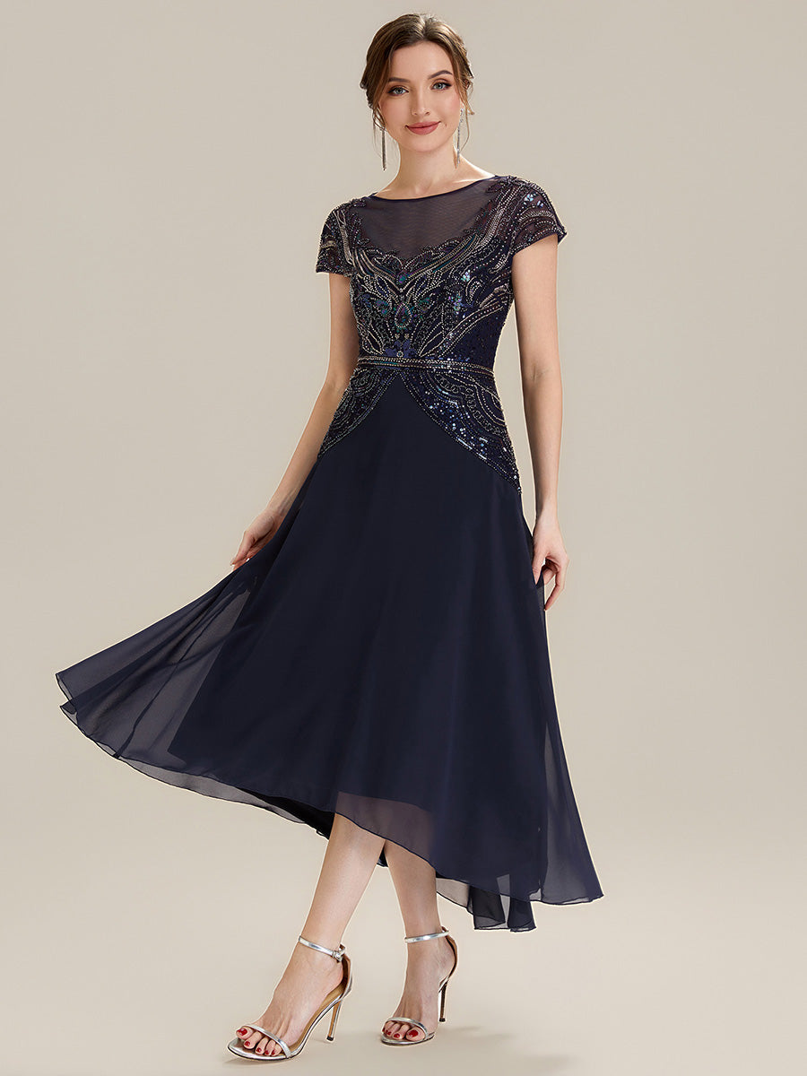 ever NUIT|See-Through Beaded Sheath Round Neck Wedding Guest Dress