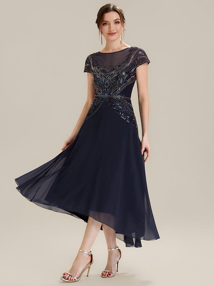 ever NUIT|See-Through Beaded Sheath Round Neck Wedding Guest Dress