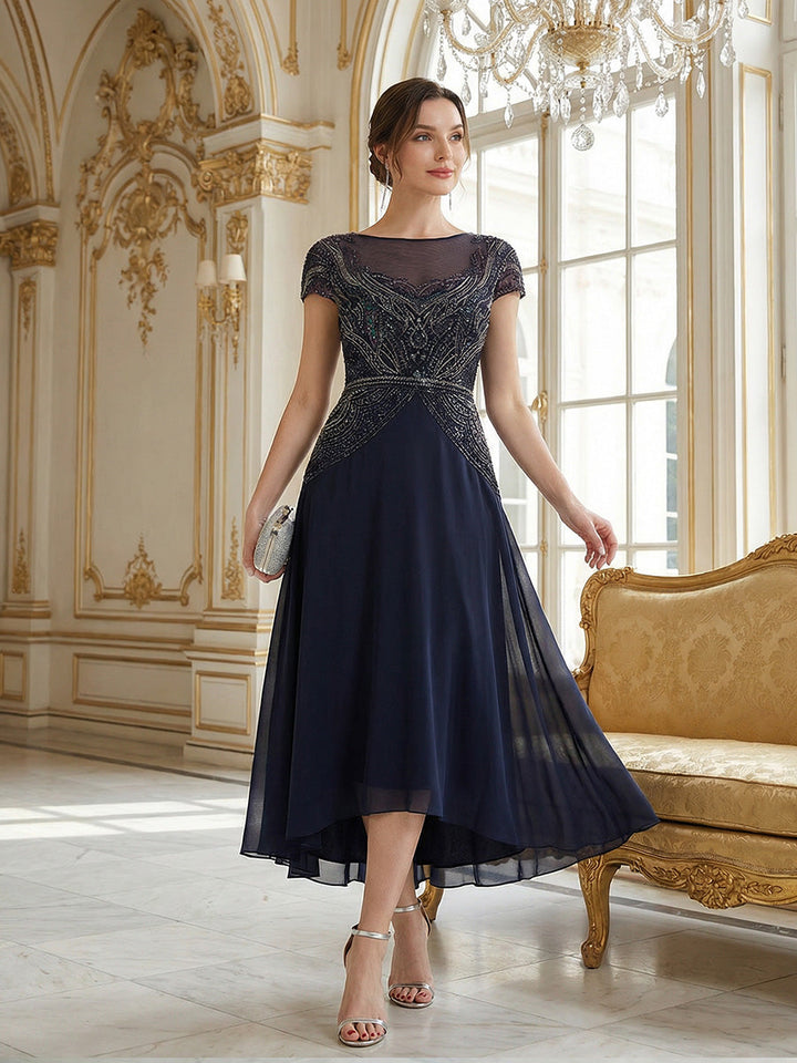 ever NUIT|See-Through Beaded Sheath Round Neck Wedding Guest Dress