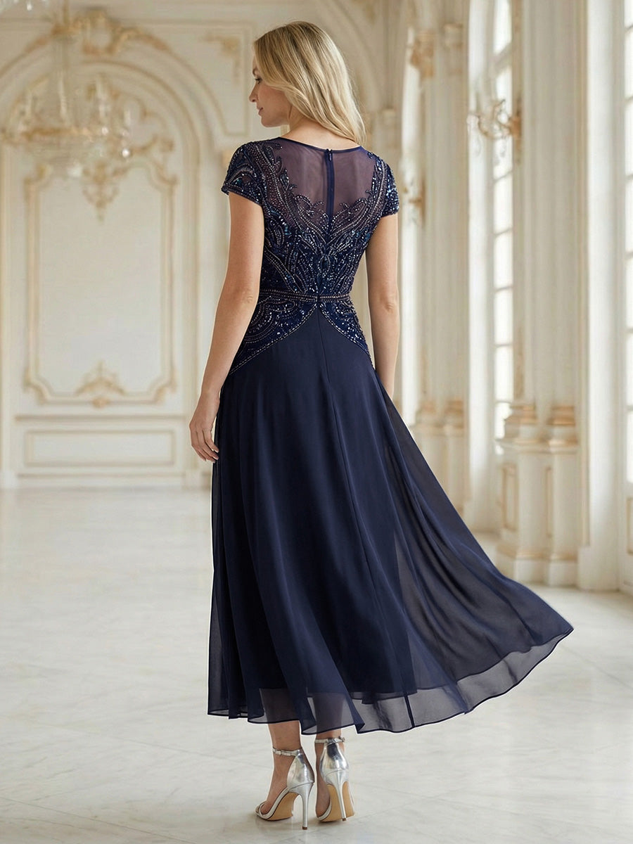 ever NUIT|See-Through Beaded Sheath Round Neck Wedding Guest Dress