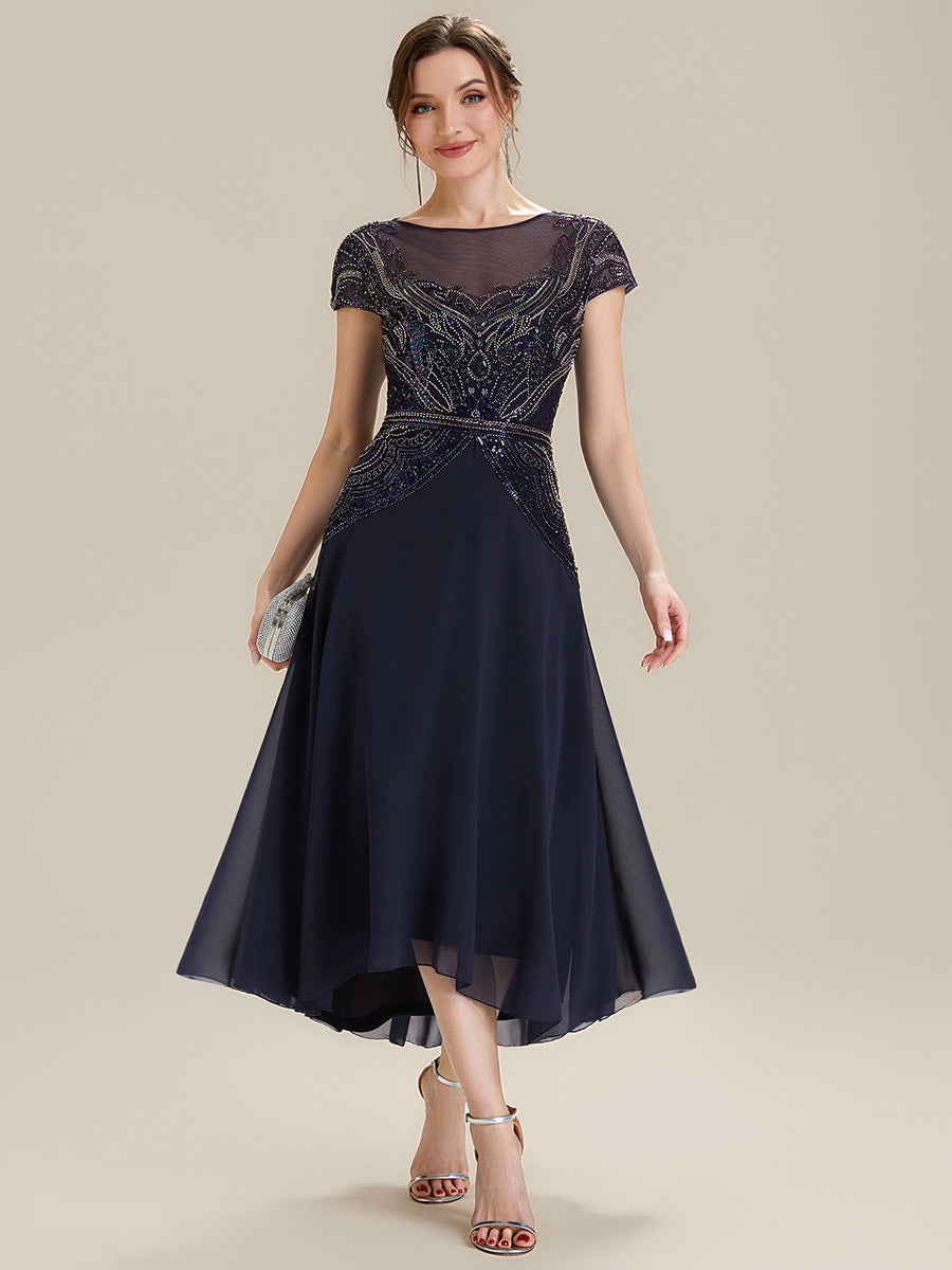 ever NUIT|See-Through Beaded Sheath Round Neck Wedding Guest Dress