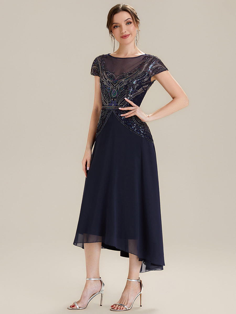 ever NUIT|See-Through Beaded Sheath Round Neck Wedding Guest Dress