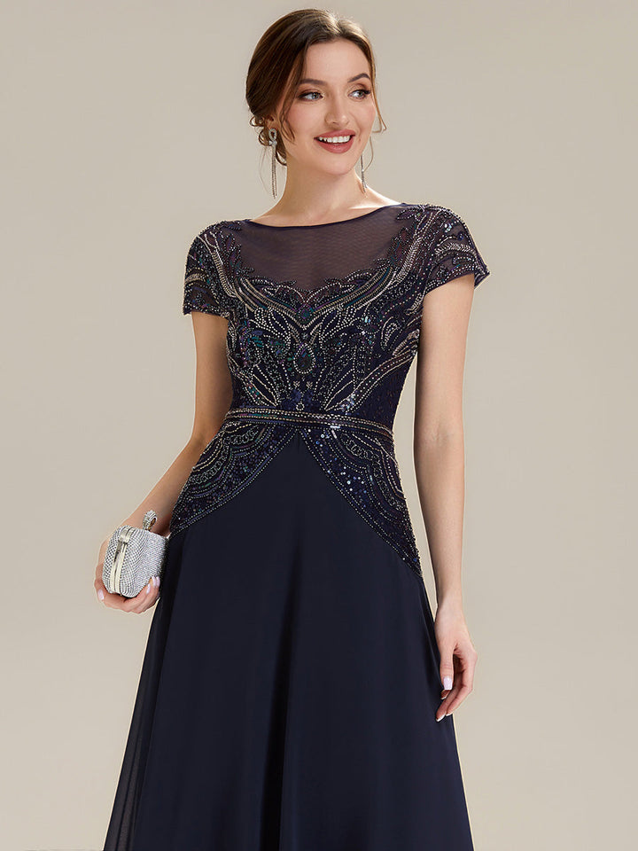 ever NUIT|See-Through Beaded Sheath Round Neck Wedding Guest Dress