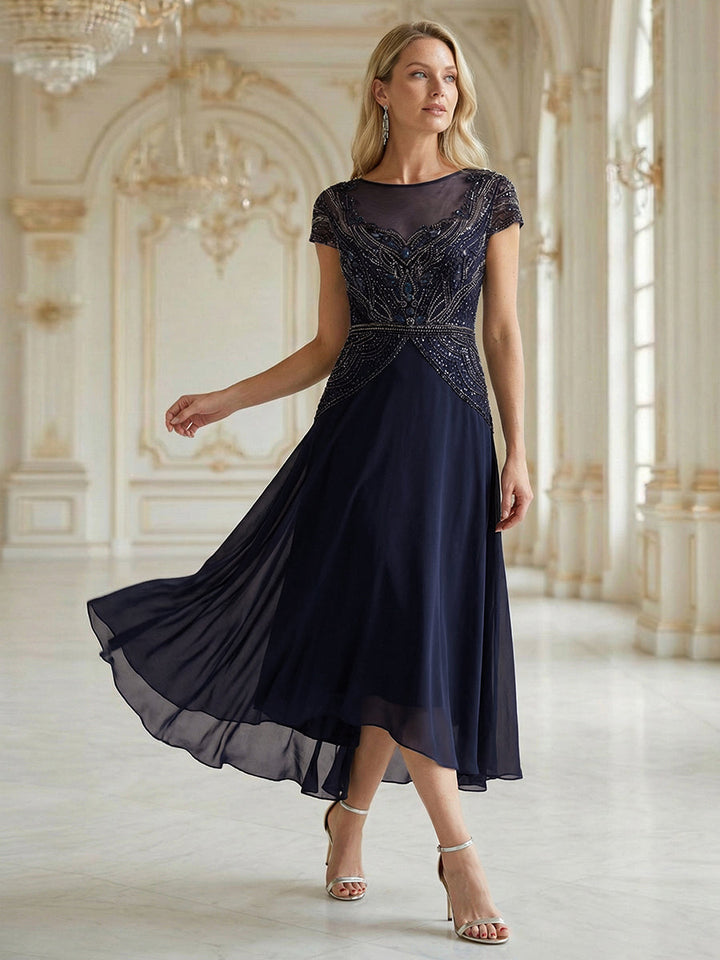 ever NUIT|See-Through Beaded Sheath Round Neck Wedding Guest Dress