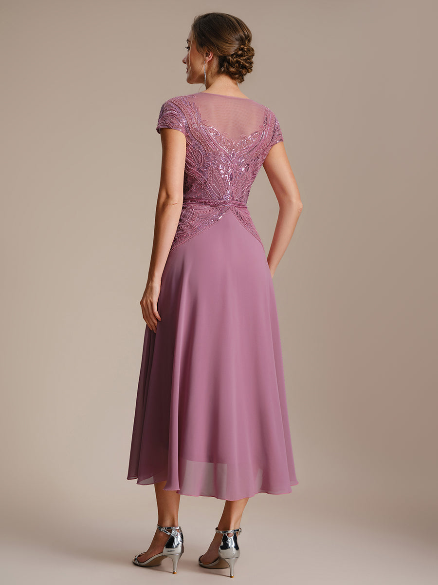 ever NUIT|See-Through Beaded Sheath Round Neck Wedding Guest Dress