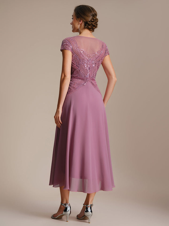 ever NUIT|See-Through Beaded Sheath Round Neck Wedding Guest Dress