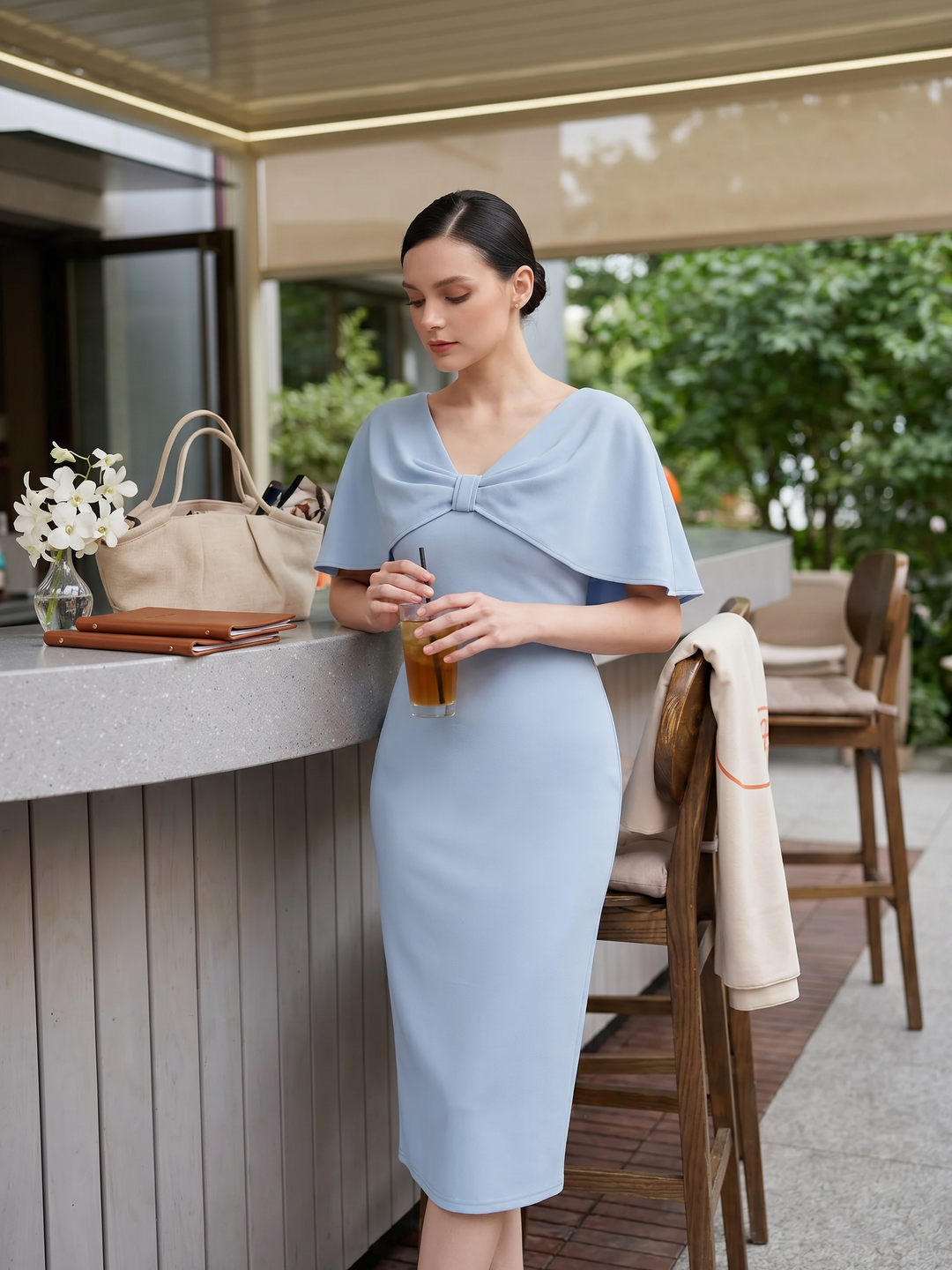 Knit Shawl Sleeve Sheath Wedding Guest Dress