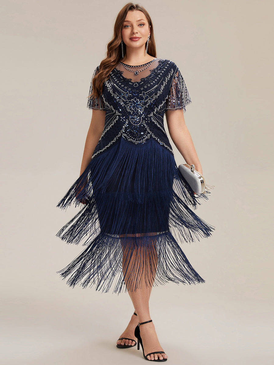 ever SOIREE|Beaded Sequin Ruffle Sleeve Fringe Flapper Dress