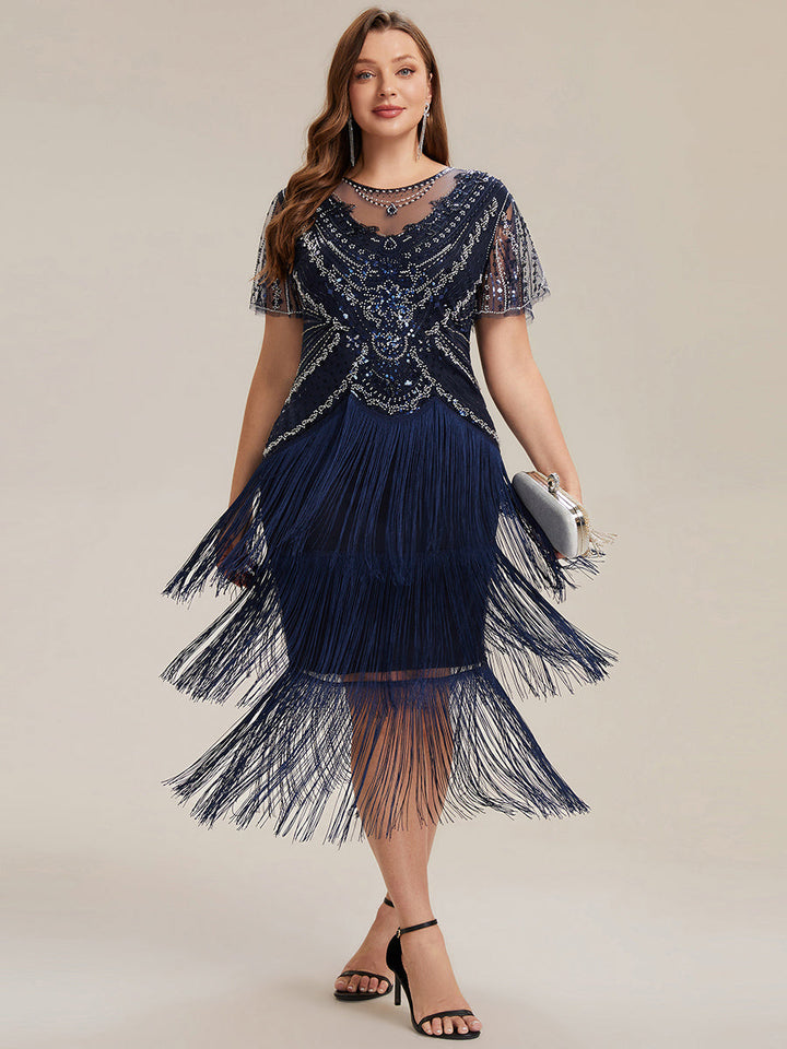 ever SOIREE|Beaded Sequin Ruffle Sleeve Fringe Flapper Dress