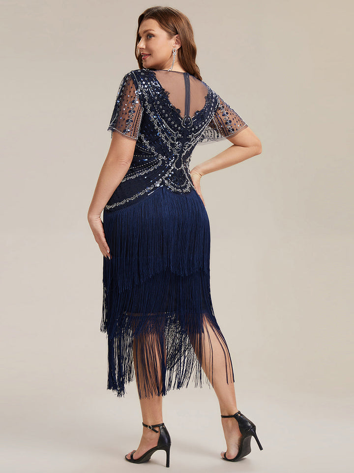 ever SOIREE|Beaded Sequin Ruffle Sleeve Fringe Flapper Dress
