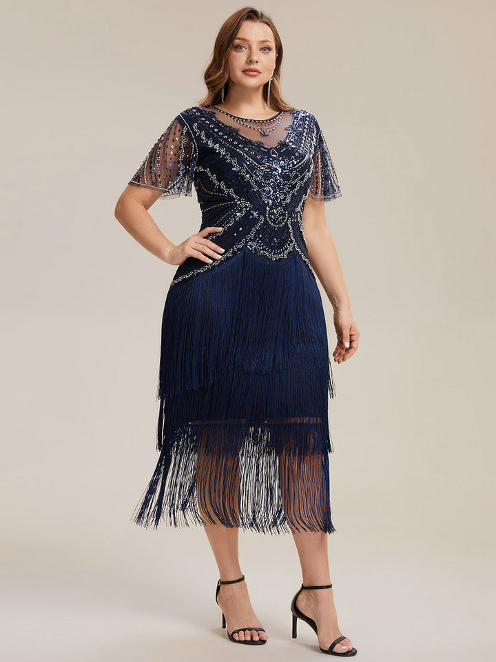 ever SOIREE|Beaded Sequin Ruffle Sleeve Fringe Flapper Dress
