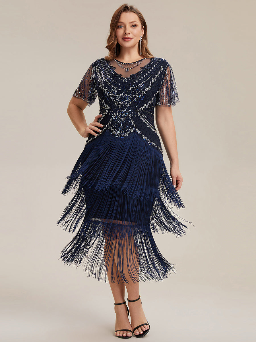 ever SOIREE|Beaded Sequin Ruffle Sleeve Fringe Flapper Dress