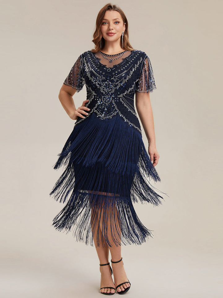 ever SOIREE|Beaded Sequin Ruffle Sleeve Fringe Flapper Dress