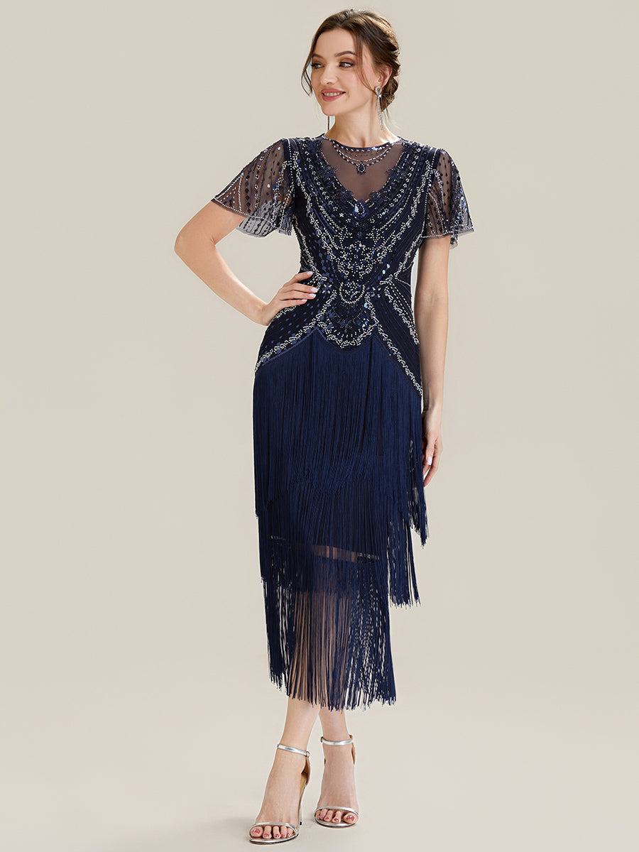 ever SOIREE|Beaded Sequin Ruffle Sleeve Fringe Flapper Dress