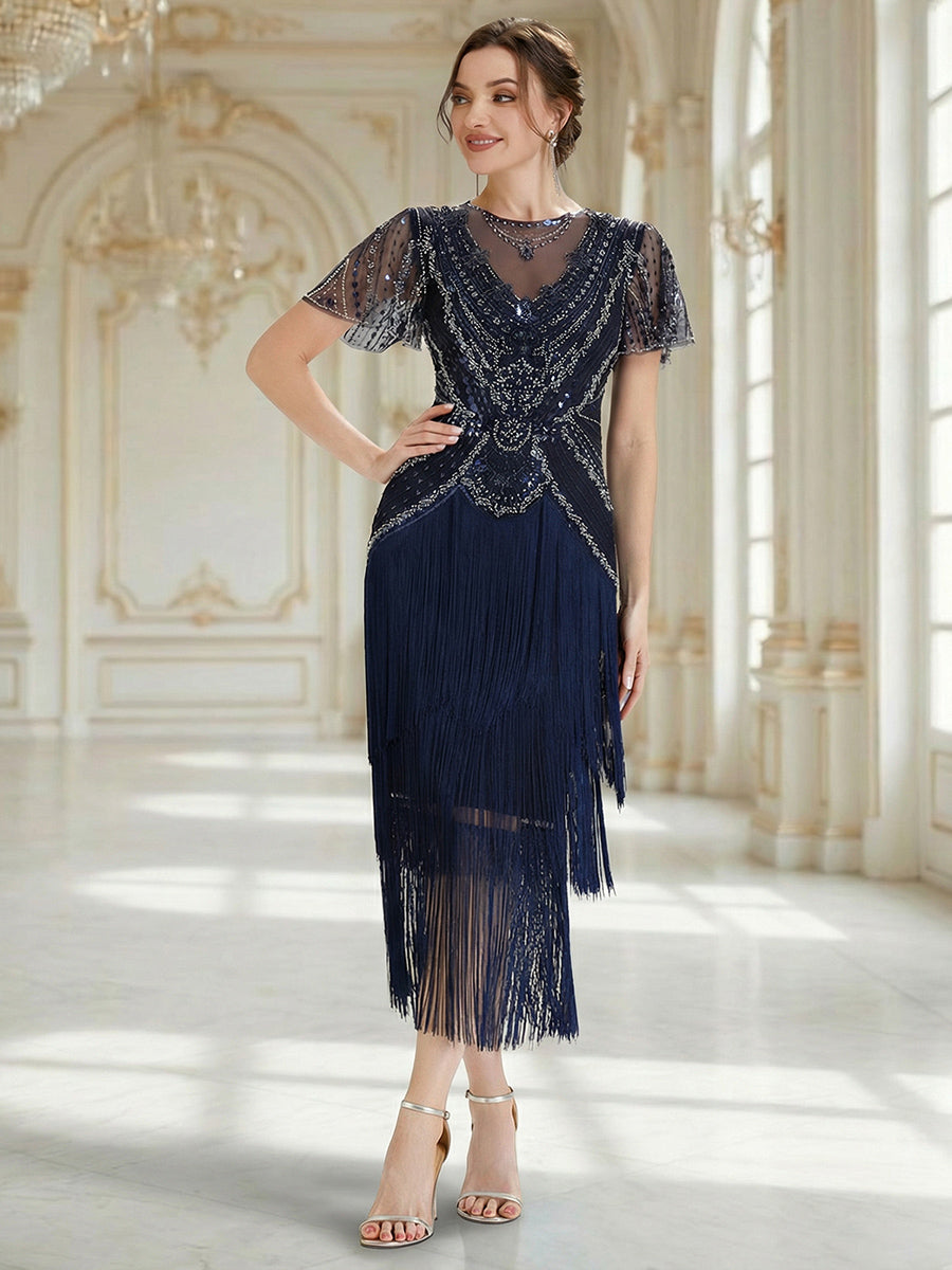 ever SOIREE|Beaded Sequin Ruffle Sleeve Fringe Flapper Dress