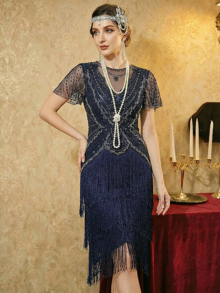 ever SOIREE|Beaded Sequin Ruffle Sleeve Fringe Flapper Dress