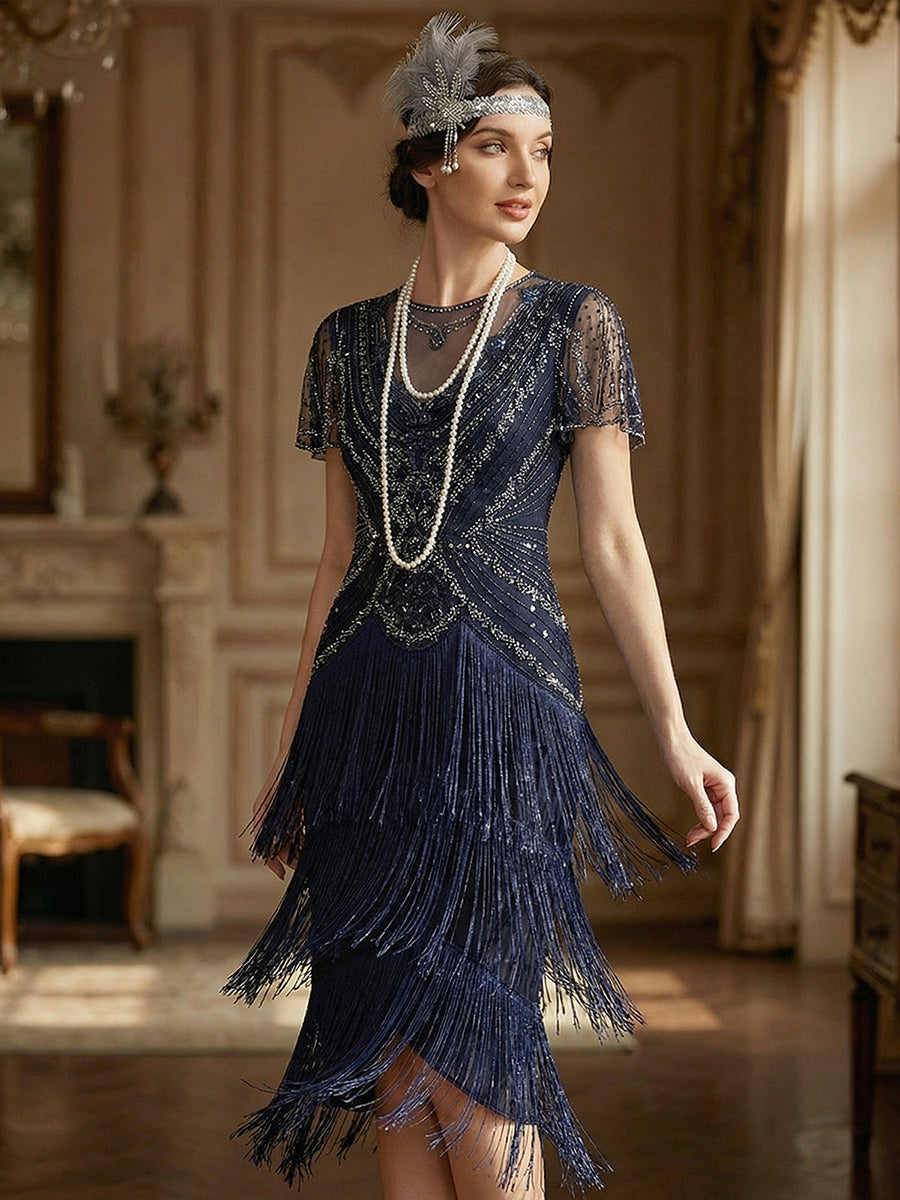 ever SOIREE|Beaded Sequin Ruffle Sleeve Fringe Flapper Dress