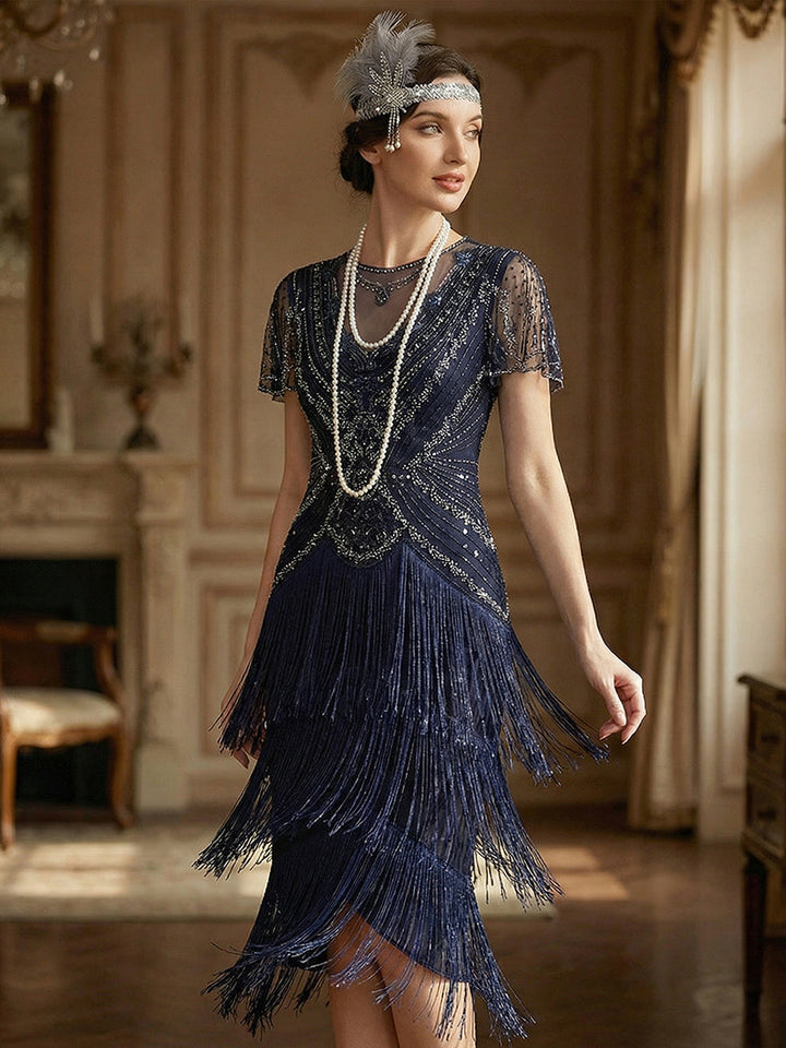 ever SOIREE|Beaded Sequin Ruffle Sleeve Fringe Flapper Dress