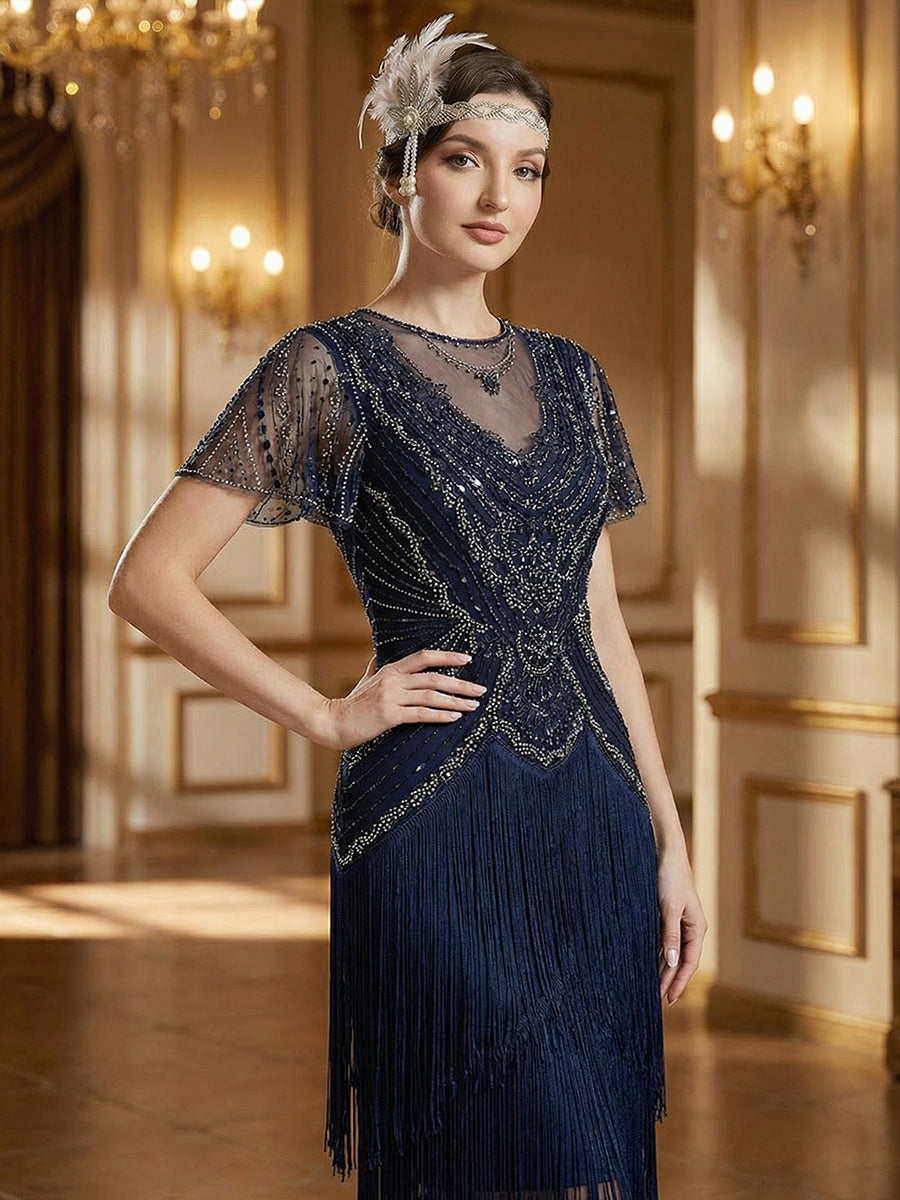 ever SOIREE|Beaded Sequin Ruffle Sleeve Fringe Flapper Dress