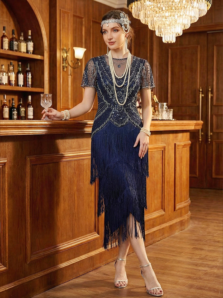 ever SOIREE|Beaded Sequin Ruffle Sleeve Fringe Flapper Dress