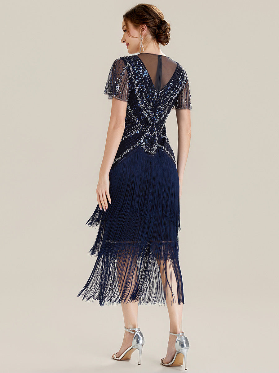 ever SOIREE|Beaded Sequin Ruffle Sleeve Fringe Flapper Dress