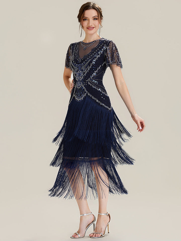 ever SOIREE|Beaded Sequin Ruffle Sleeve Fringe Flapper Dress