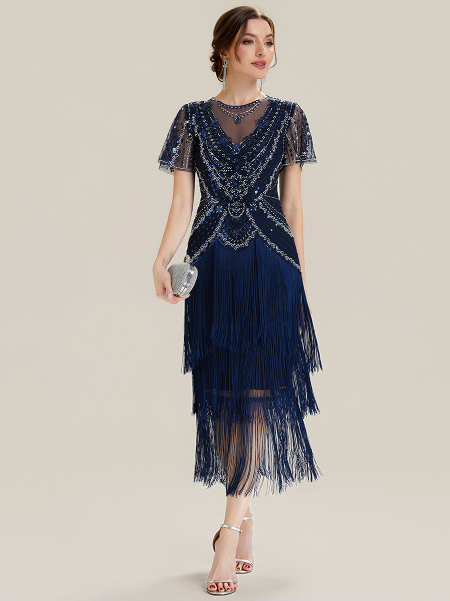 ever SOIREE|Beaded Sequin Ruffle Sleeve Fringe Flapper Dress