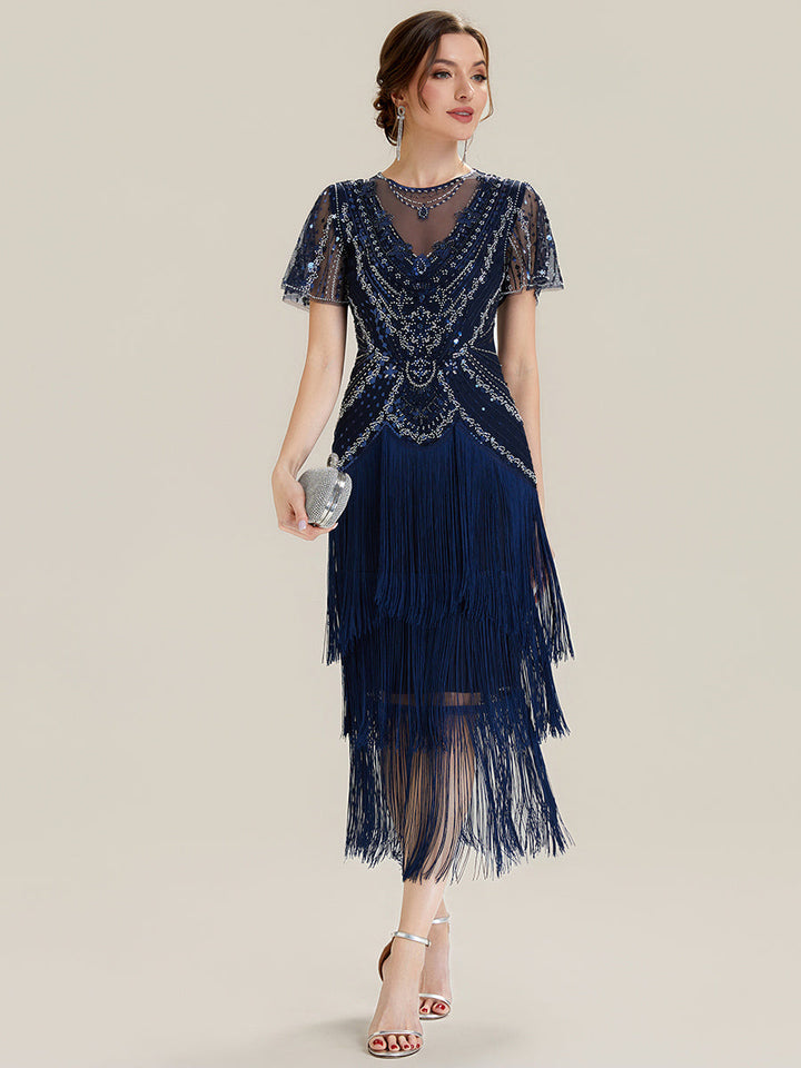 ever SOIREE|Beaded Sequin Ruffle Sleeve Fringe Flapper Dress