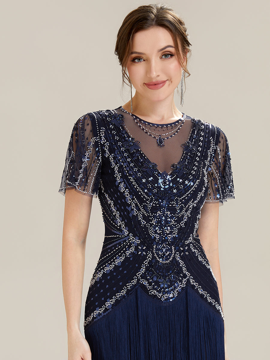 ever SOIREE|Beaded Sequin Ruffle Sleeve Fringe Flapper Dress