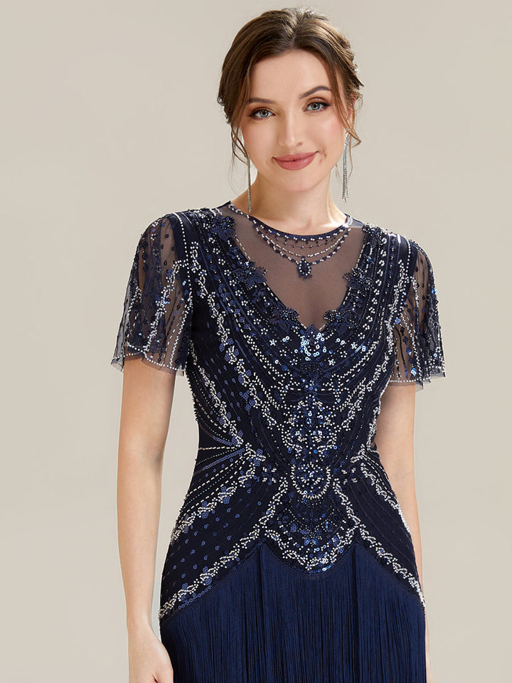 ever SOIREE|Beaded Sequin Ruffle Sleeve Fringe Flapper Dress