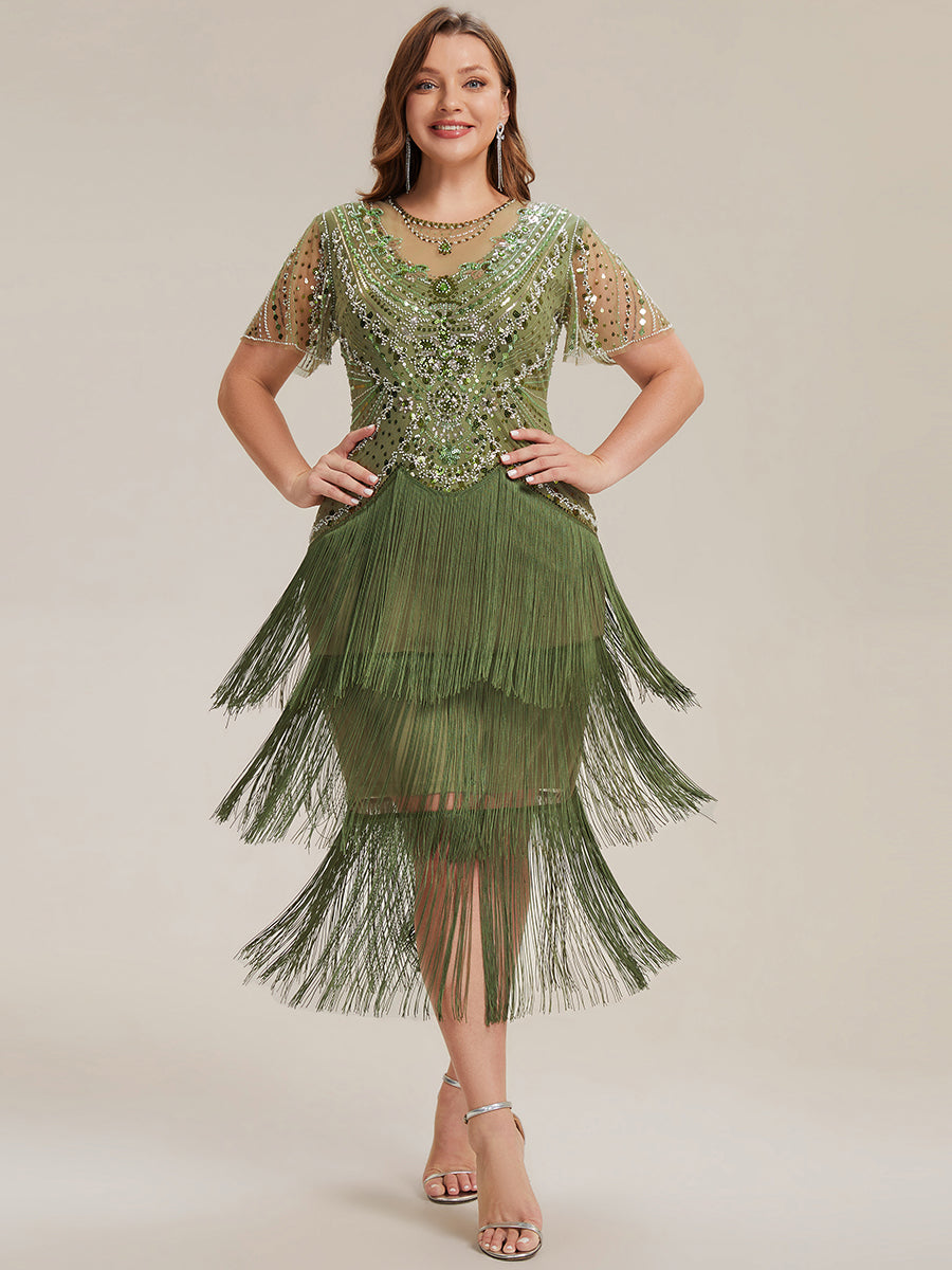 ever SOIREE|Beaded Sequin Ruffle Sleeve Fringe Flapper Dress