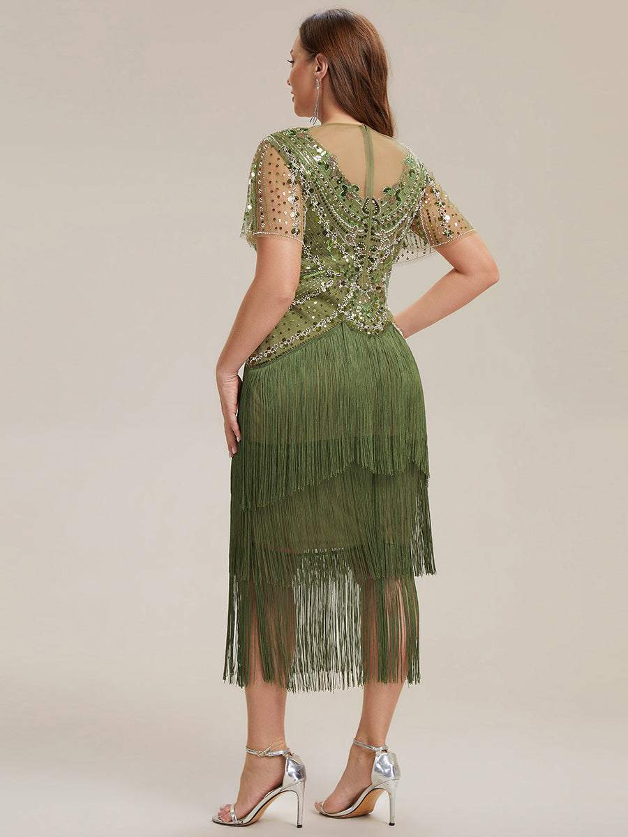 ever SOIREE|Beaded Sequin Ruffle Sleeve Fringe Flapper Dress