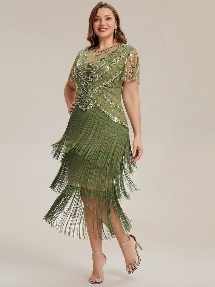 ever SOIREE|Beaded Sequin Ruffle Sleeve Fringe Flapper Dress