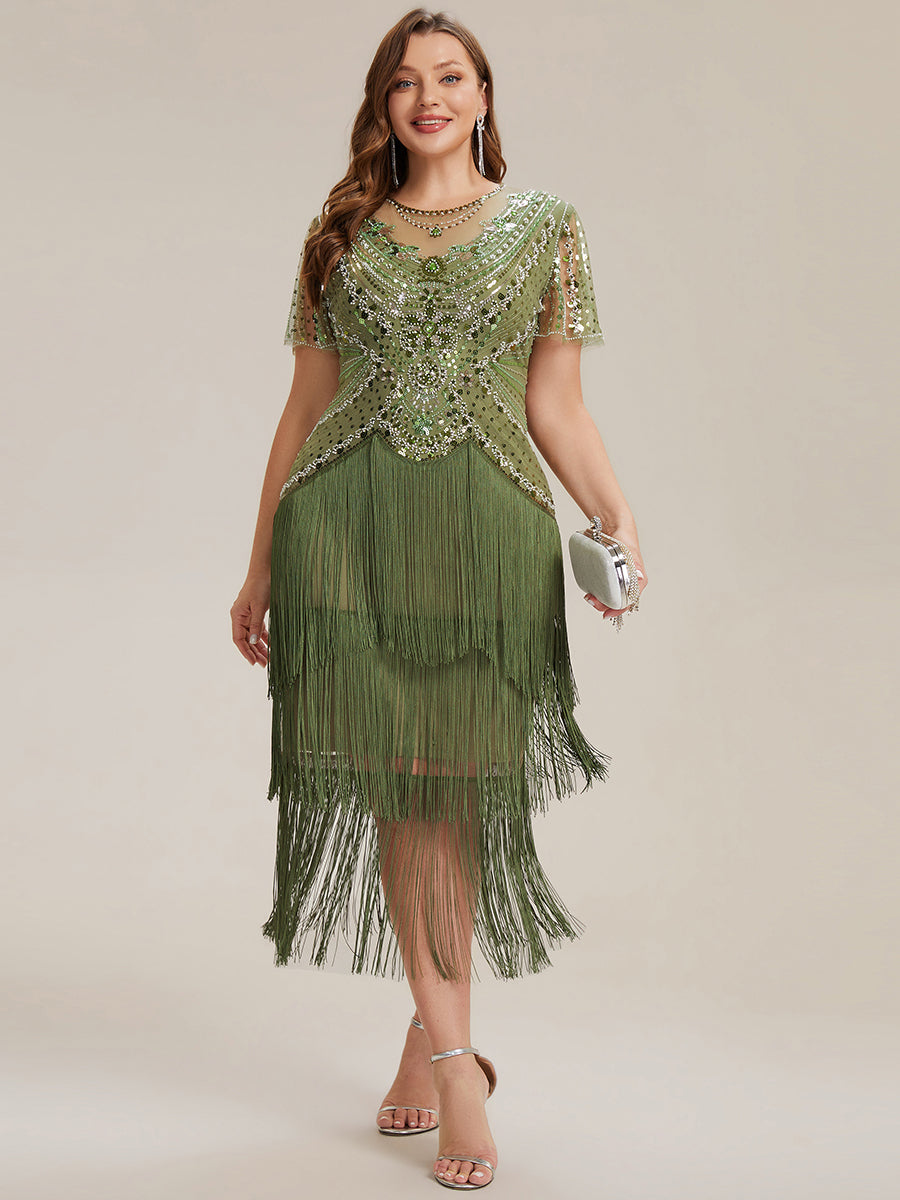 ever SOIREE|Beaded Sequin Ruffle Sleeve Fringe Flapper Dress