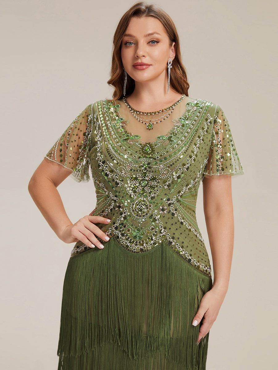 ever SOIREE|Beaded Sequin Ruffle Sleeve Fringe Flapper Dress