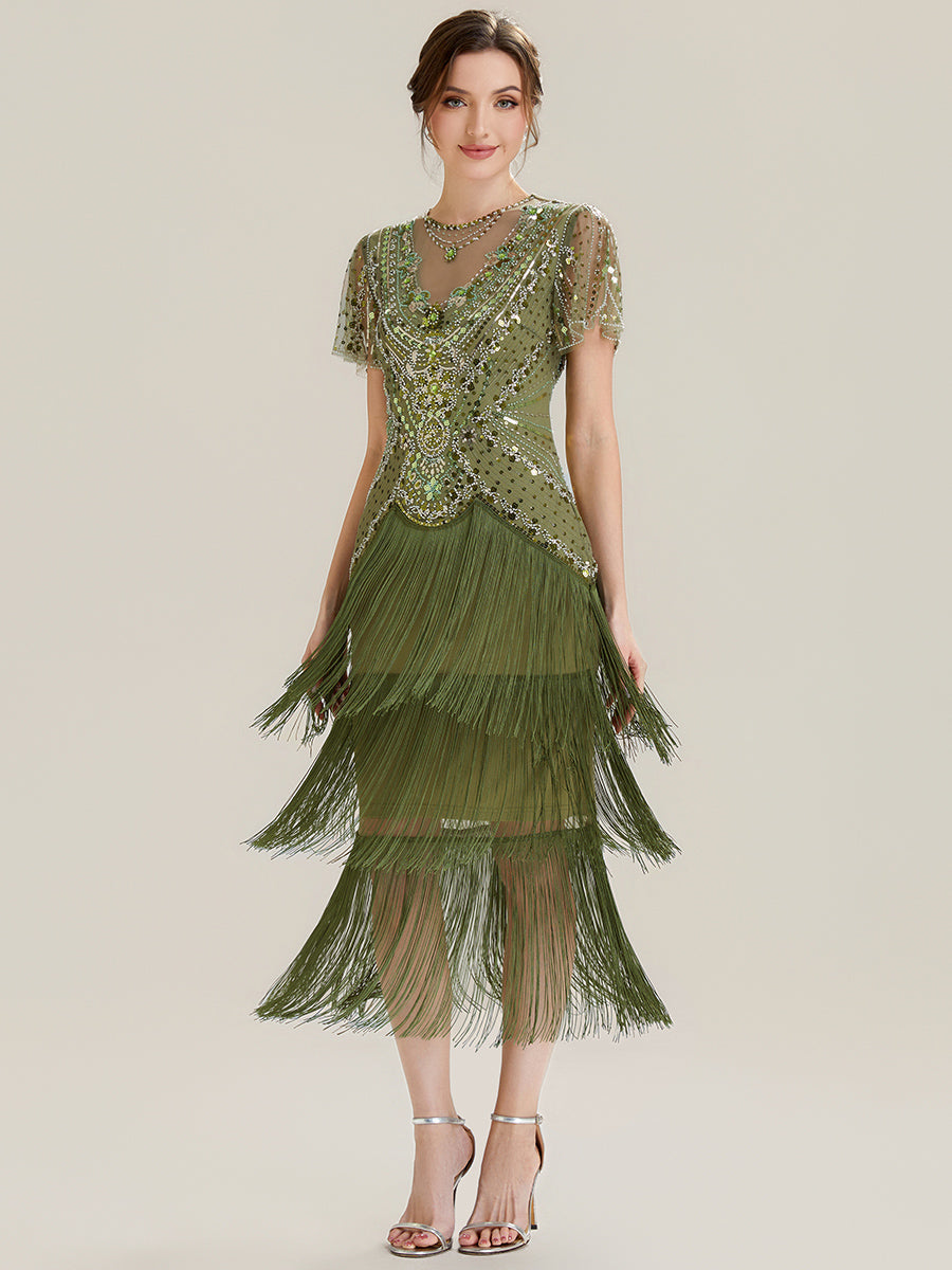ever SOIREE|Beaded Sequin Ruffle Sleeve Fringe Flapper Dress