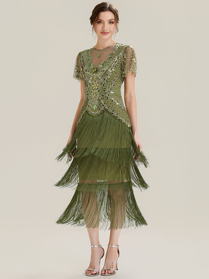 ever SOIREE|Beaded Sequin Ruffle Sleeve Fringe Flapper Dress